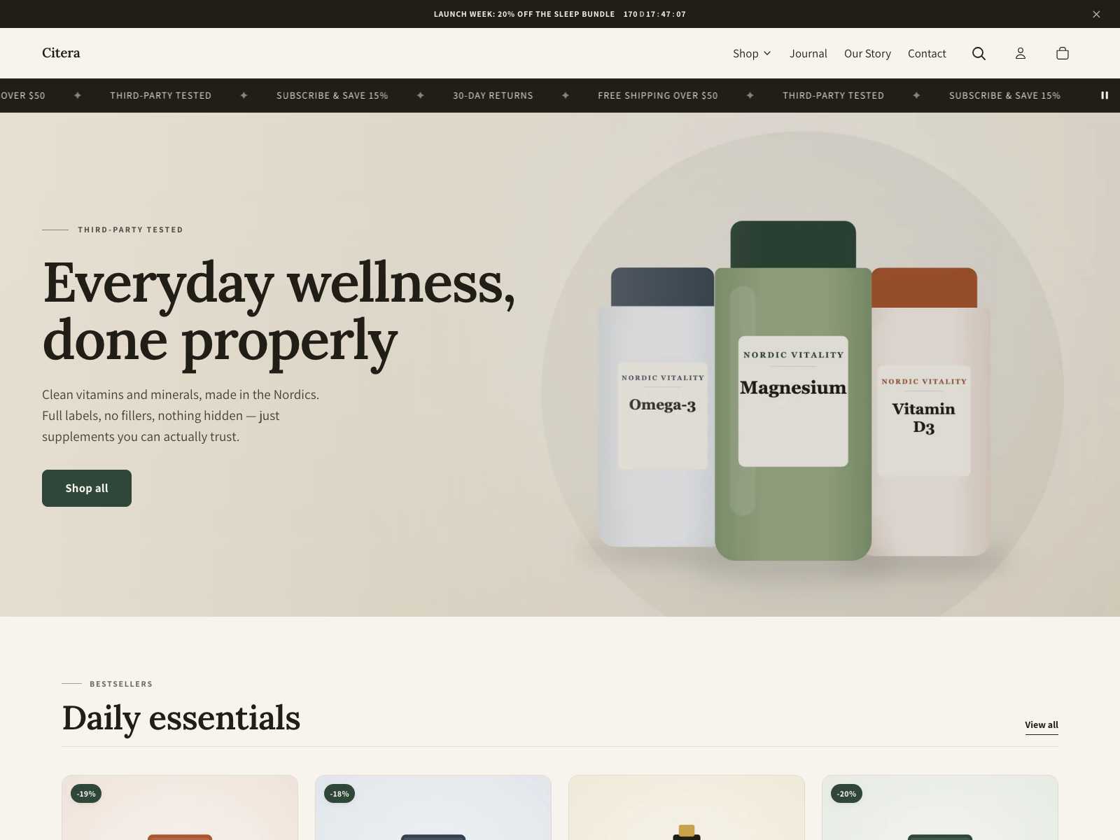 Early Citera storefront concept showing editorial typography, product photography, and a bestseller collection.